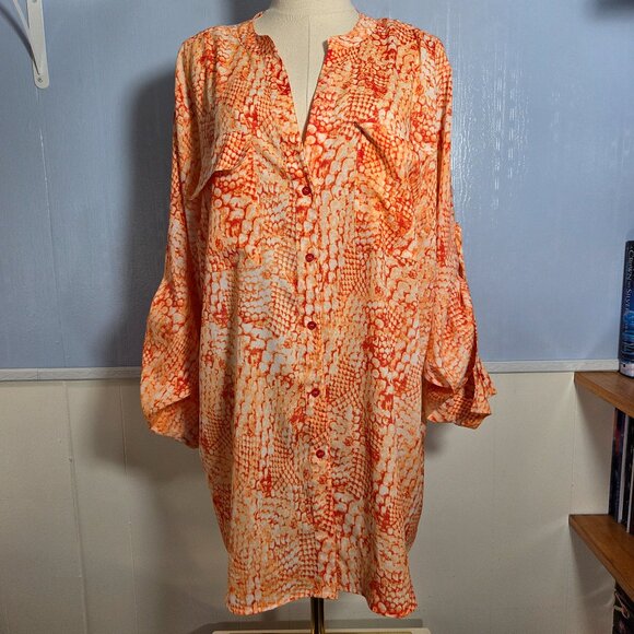 Calvin Klein 1X Bright Orange White Snake Skin Print Button Up Semi Sheer Blouse - Picture 1 of 10